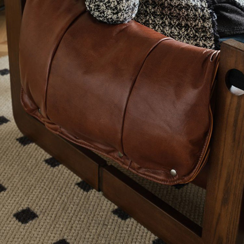 Retro Leather Ash Wood Cotton Accent Chair — Microfiber Leather / Cotton + Down / Black