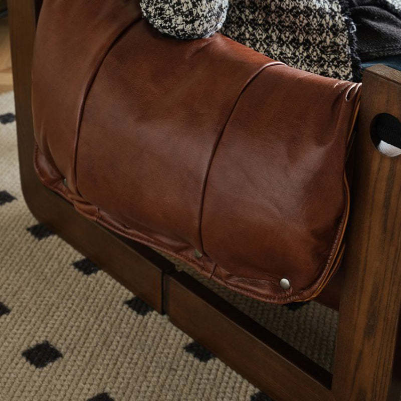 Retro Leather Ash Wood Cotton Accent Chair — Microfiber Leather / Cotton + Down / Black