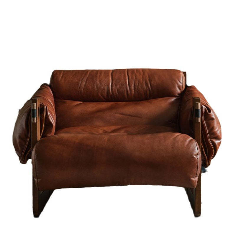 Retro Leather Ash Wood Cotton Accent Chair — Genuine Leather / Cotton + Down / Coffee Color
