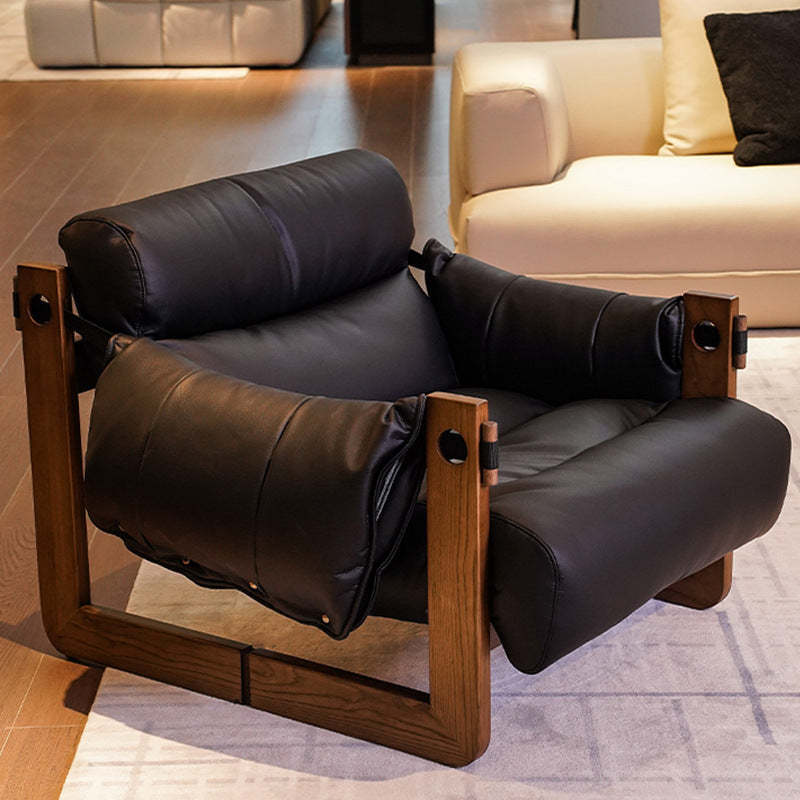 Retro Leather Ash Wood Cotton Accent Chair — Cat-Scratch Leather / Cotton / Gray
