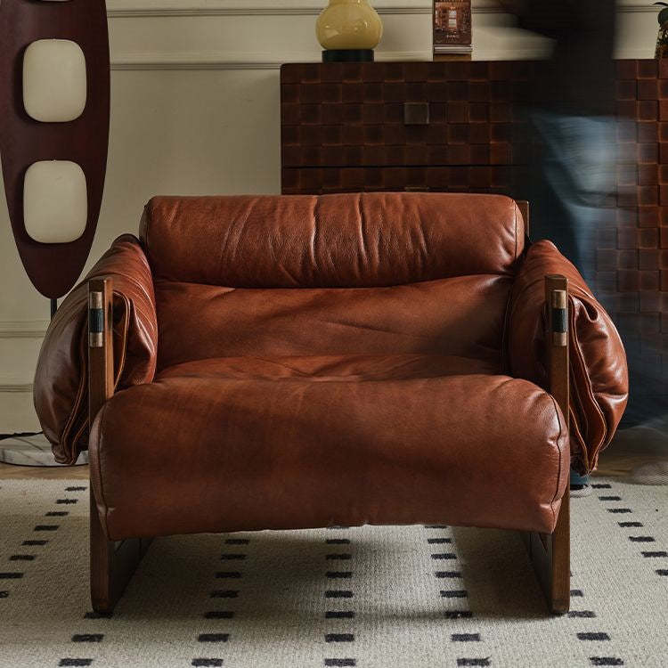 Retro Leather Ash Wood Cotton Accent Chair — Cat-Scratch Leather / Cotton / Coffee Color