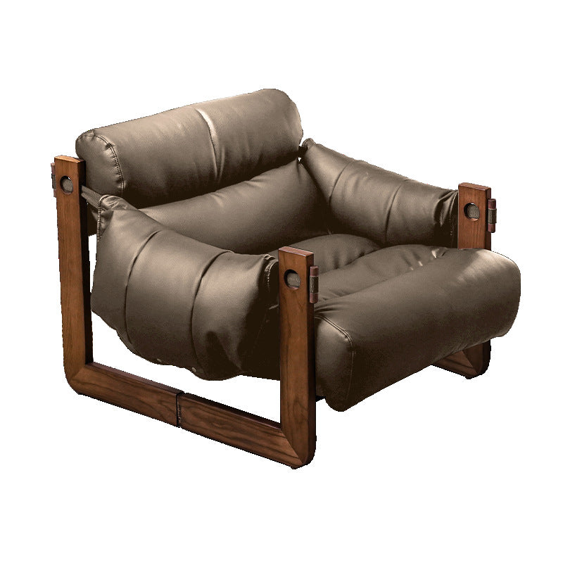 Retro Leather Ash Wood Cotton Accent Chair — Genuine Leather / Cotton + Down / Gray