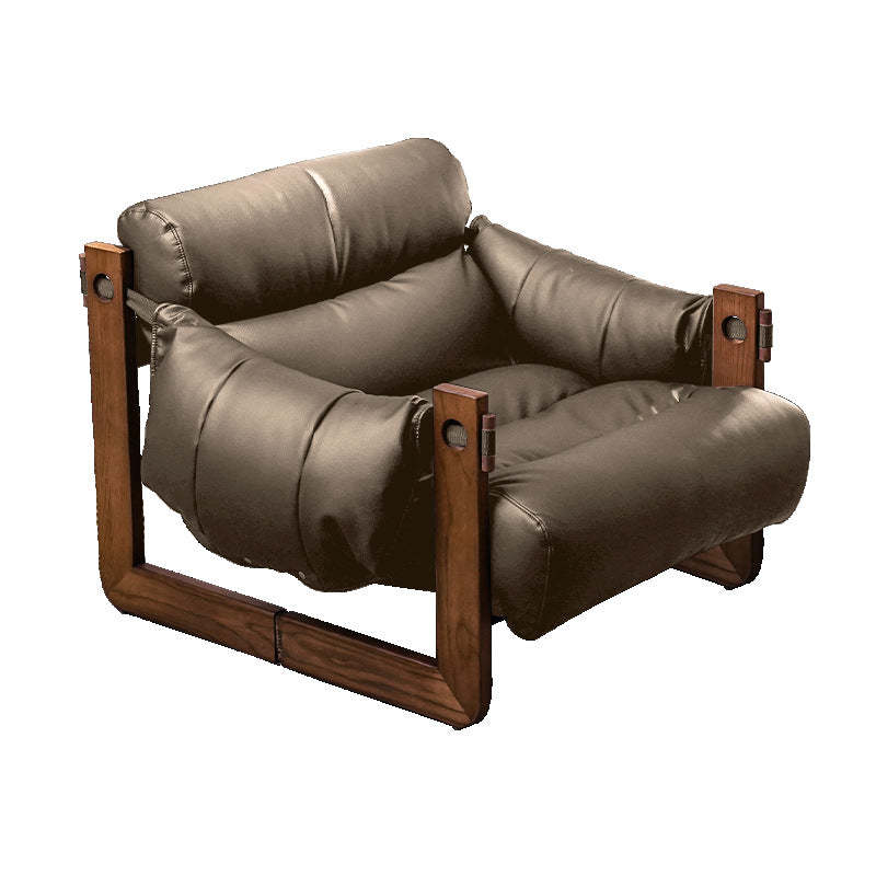 Retro Leather Ash Wood Cotton Accent Chair — Genuine Leather / Cotton + Down / Gray