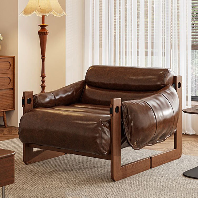 Retro Leather Ash Wood Cotton Accent Chair