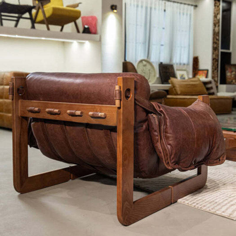 Retro Leather Ash Wood Cotton Accent Chair — Microfiber Leather / Cotton + Down / Coffee Color