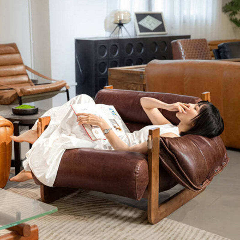 Retro Leather Ash Wood Cotton Accent Chair — Genuine Leather / Cotton / Black