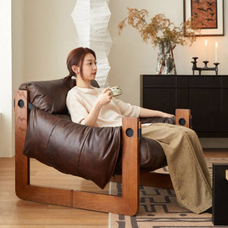 Retro Leather Ash Wood Cotton Accent Chair — Genuine Leather / Cotton / Coffee Color