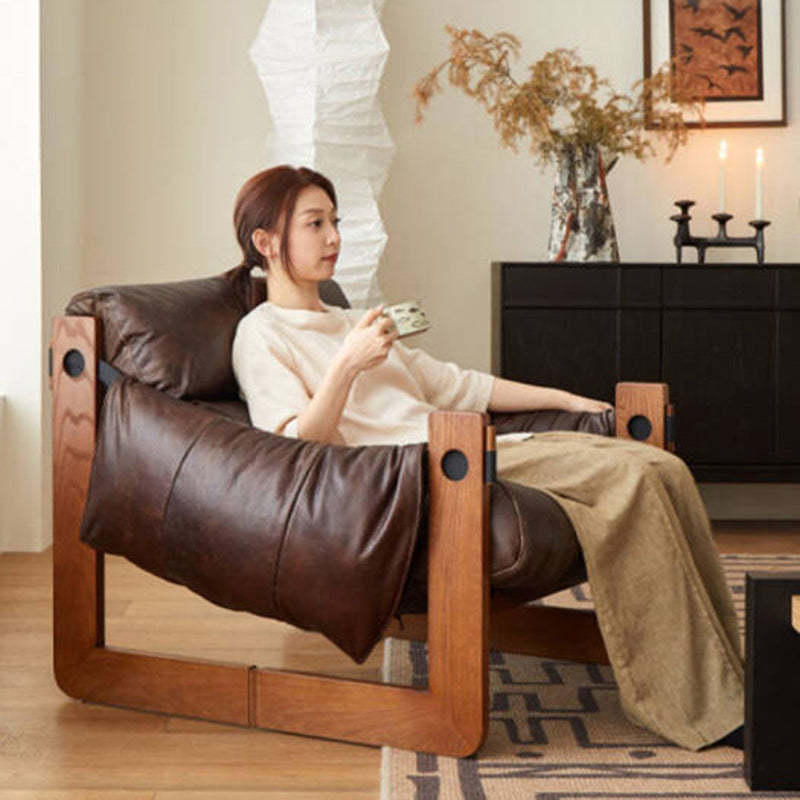 Retro Leather Ash Wood Cotton Accent Chair — Genuine Leather / Cotton / Coffee Color