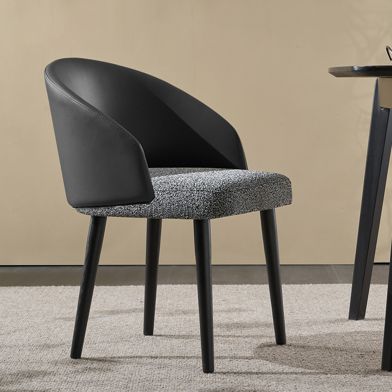 Minimalist Leather Wood Curved Dining Chair — With Armrest