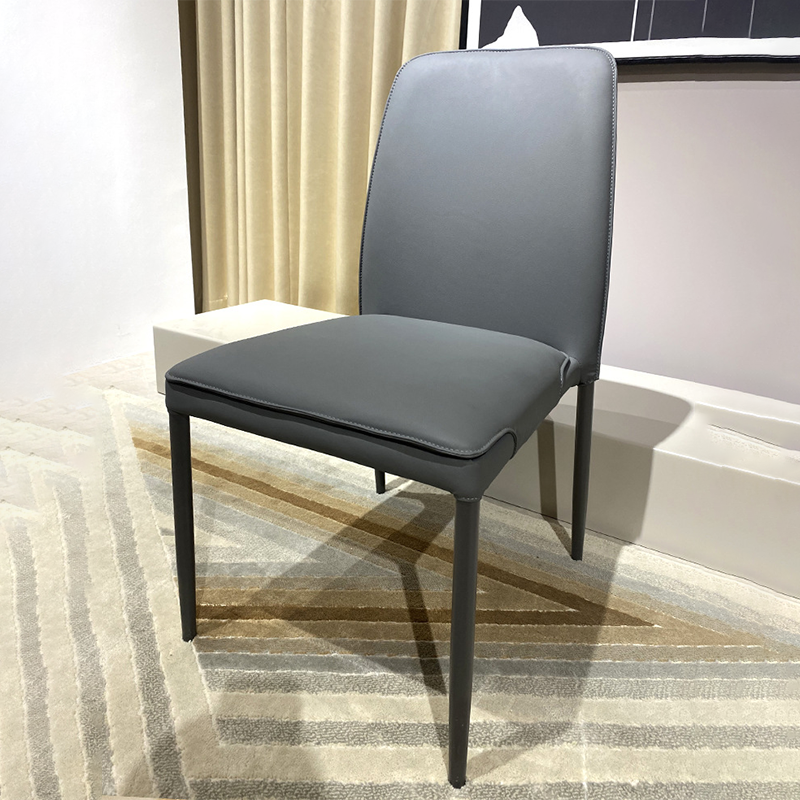 Gray leather steel metal stackable dining chairs & benches - minimalist