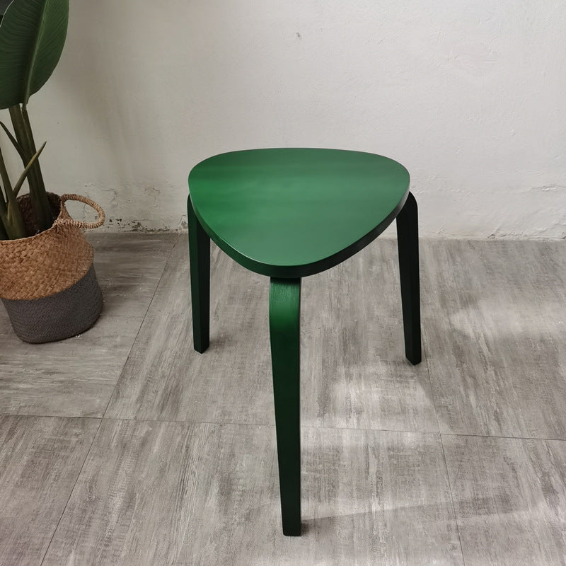 Scandinavian Wood Triangle Stackable Low Stool — Dark Green + Wood Color Leg