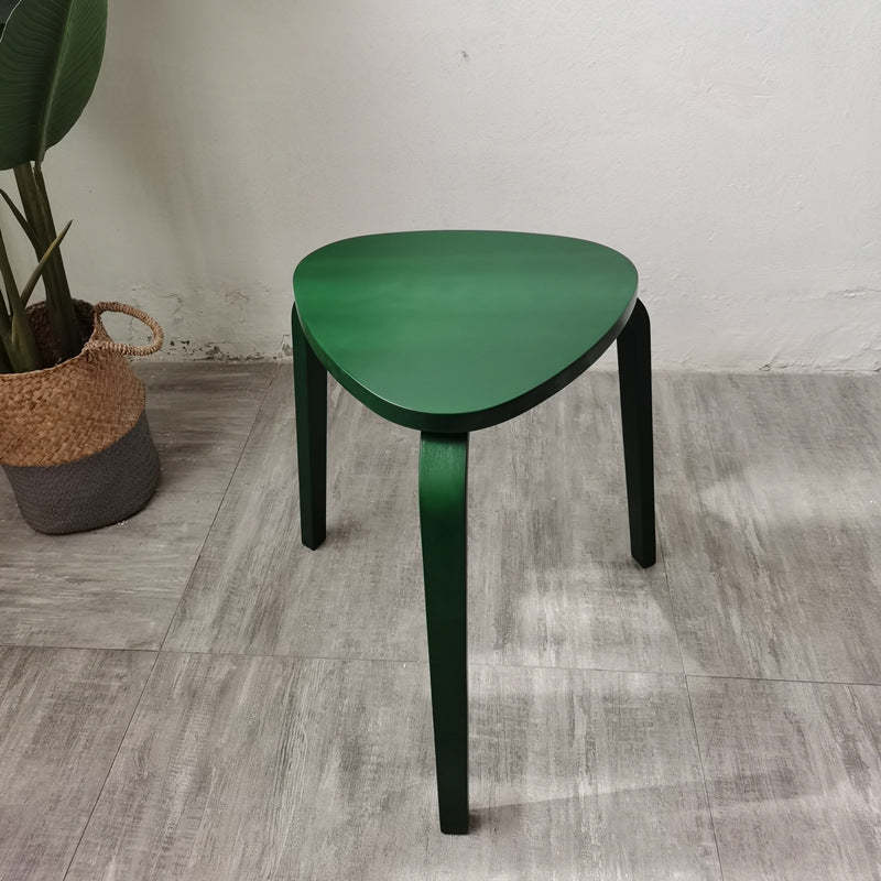 Scandinavian Wood Triangle Stackable Low Stool — Dark Green + Wood Color Leg