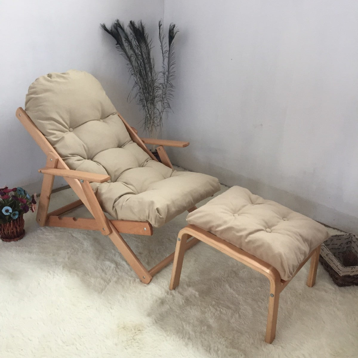Scandinavian Fabric Wood Foldable Recliner — Without Footrest / Orange
