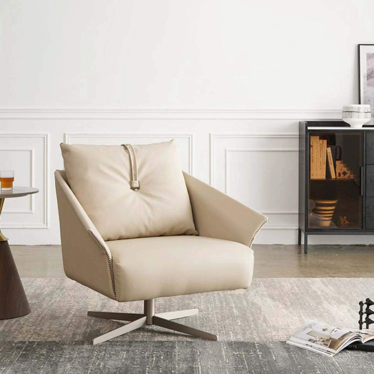 Nordic Leather Steel Cotton Swivel Accent Chair — White