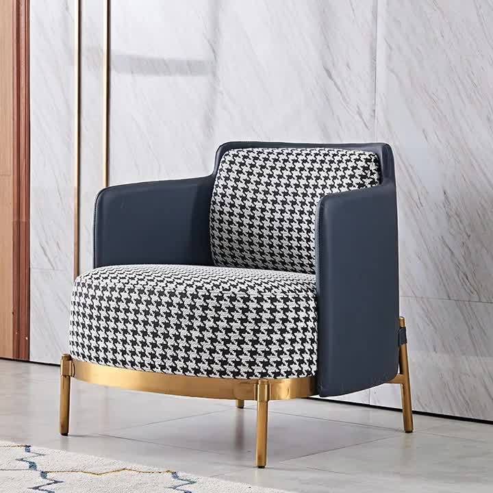 Scandinavian Check Leather Fabric Metal Accent Chair