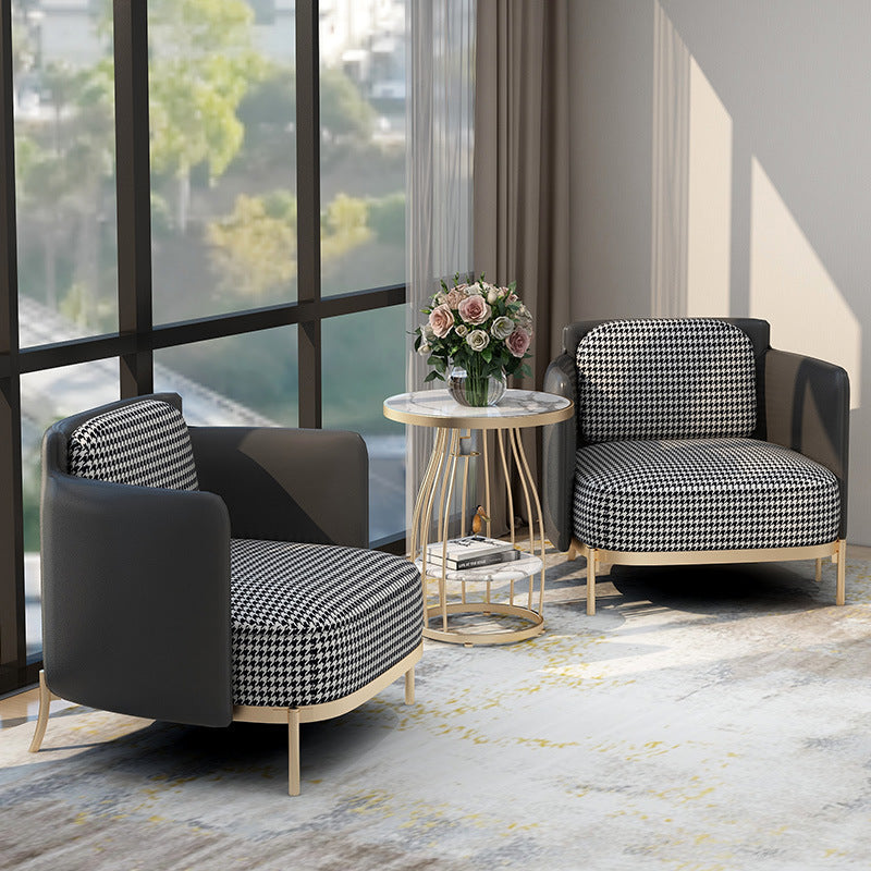 Scandinavian Check Leather Fabric Metal Accent Chair — Dark Blue