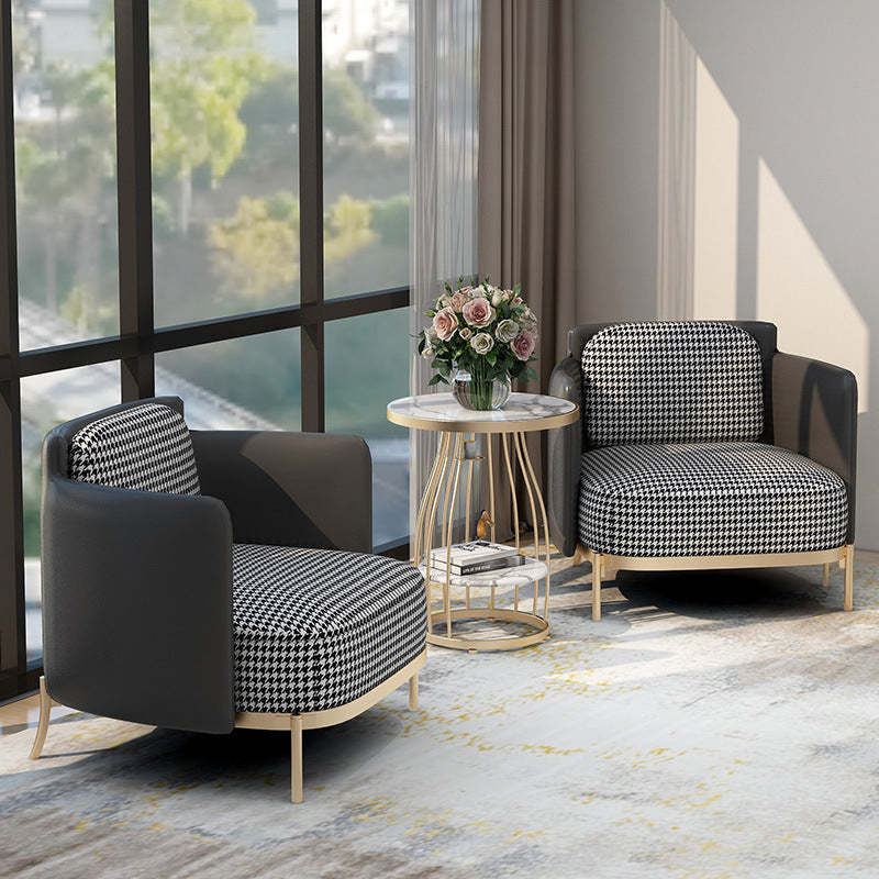 Scandinavian Check Leather Fabric Metal Accent Chair — Dark Blue