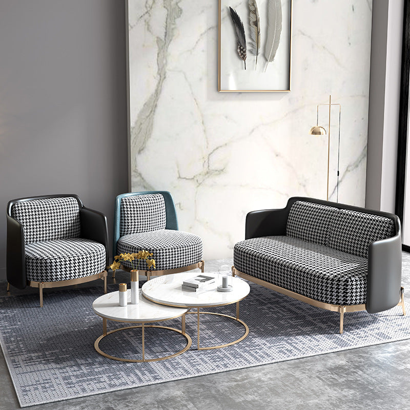 Scandinavian Check Leather Fabric Metal Accent Chair