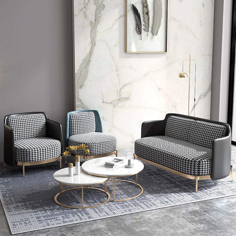 Scandinavian Check Leather Fabric Metal Accent Chair