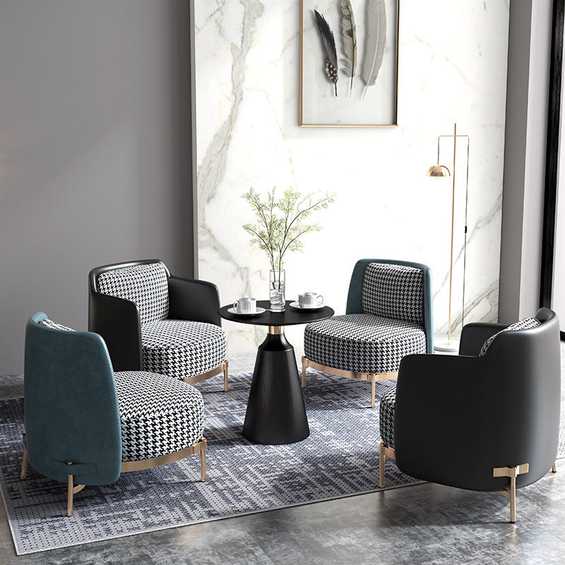 Scandinavian Check Leather Fabric Metal Accent Chair