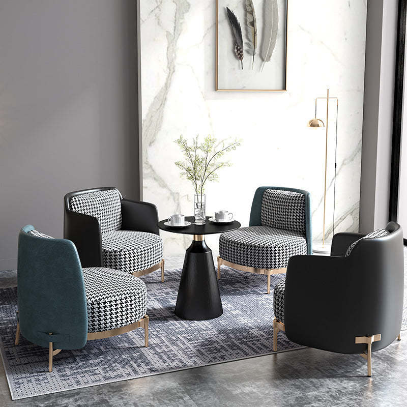 Scandinavian Check Leather Fabric Metal Accent Chair — Black