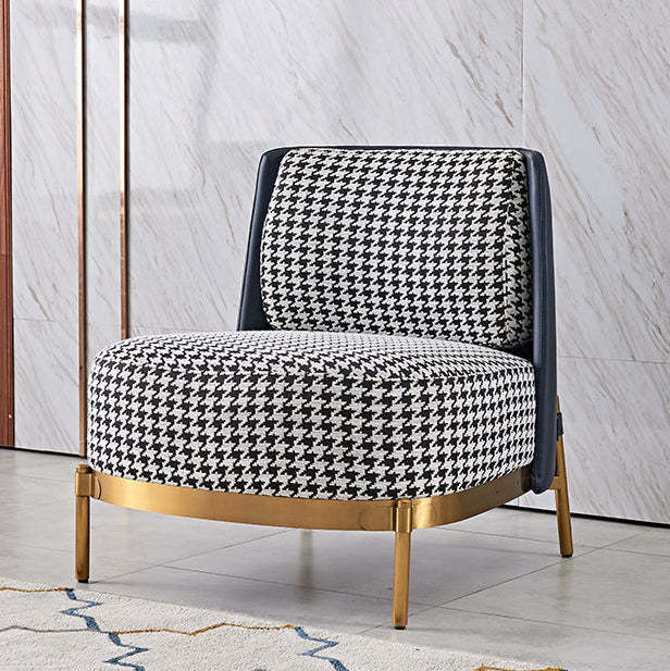 Scandinavian Check Leather Fabric Metal Accent Chair
