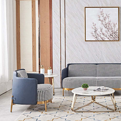 Scandinavian Check Leather Fabric Metal Accent Chair