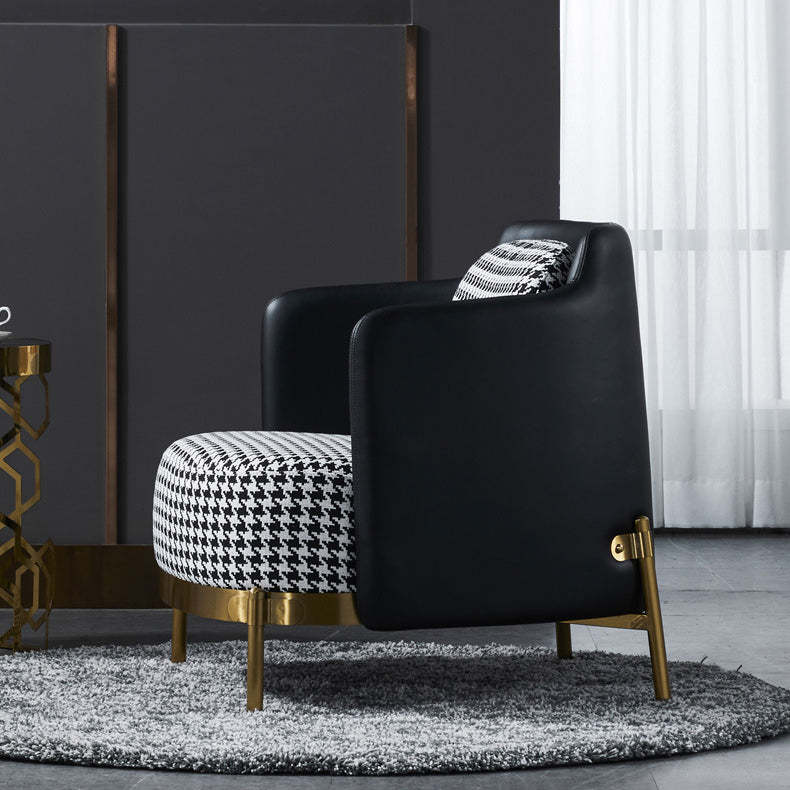 Scandinavian Check Leather Fabric Metal Accent Chair