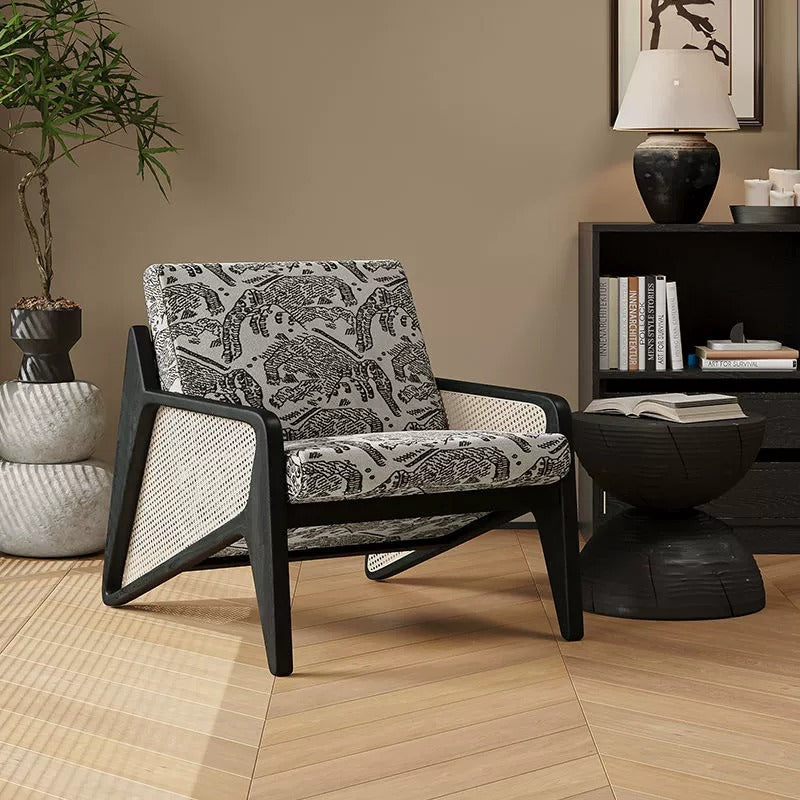French Rattan Rubberwood Jacquard Accent Chair