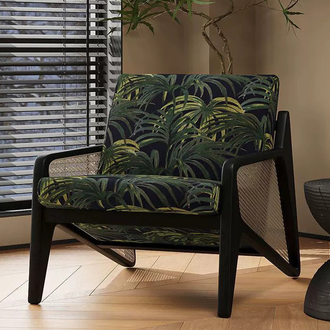 French Rattan Rubberwood Jacquard Accent Chair