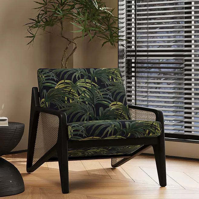 French Rattan Rubberwood Jacquard Accent Chair — Bayberry Tree / Black