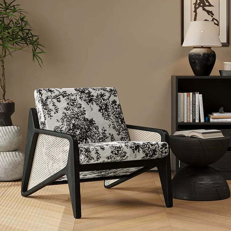 French Rattan Rubberwood Jacquard Accent Chair