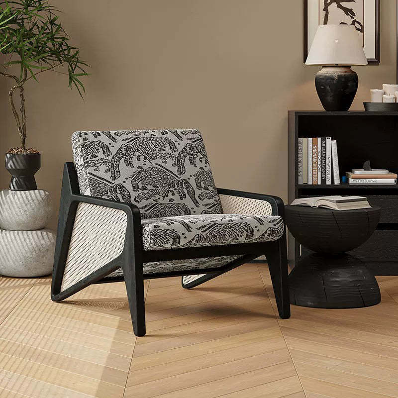 French Rattan Rubberwood Jacquard Accent Chair — Tiger-sanctuary Pattern / Black