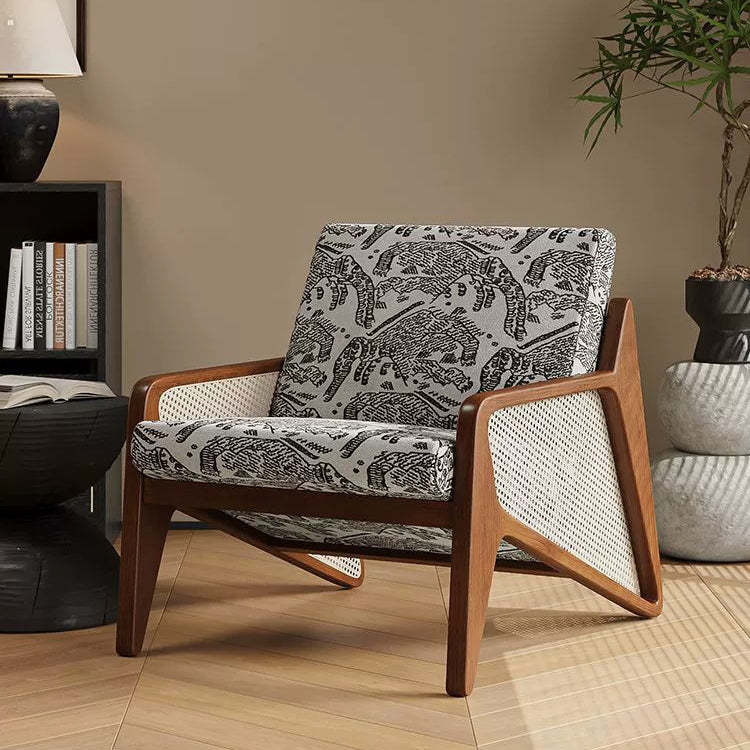 French Rattan Rubberwood Jacquard Accent Chair — Tiger-sanctuary Pattern / Walnut
