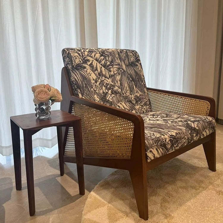 French Rattan Rubberwood Jacquard Accent Chair — Bayberry Tree / Walnut