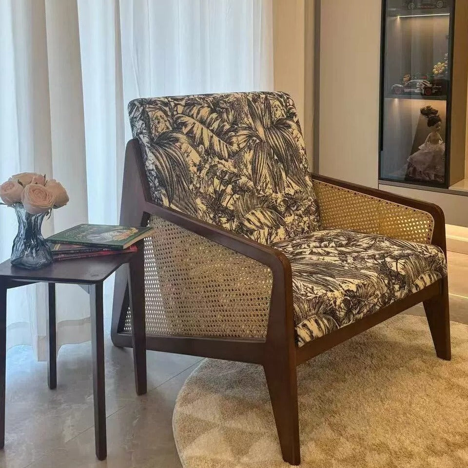 French Rattan Rubberwood Jacquard Accent Chair