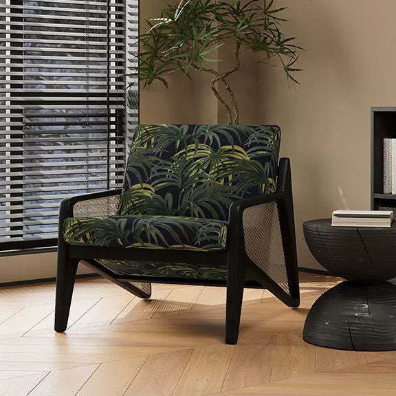 French Rattan Rubberwood Jacquard Accent Chair — Leaves / Black