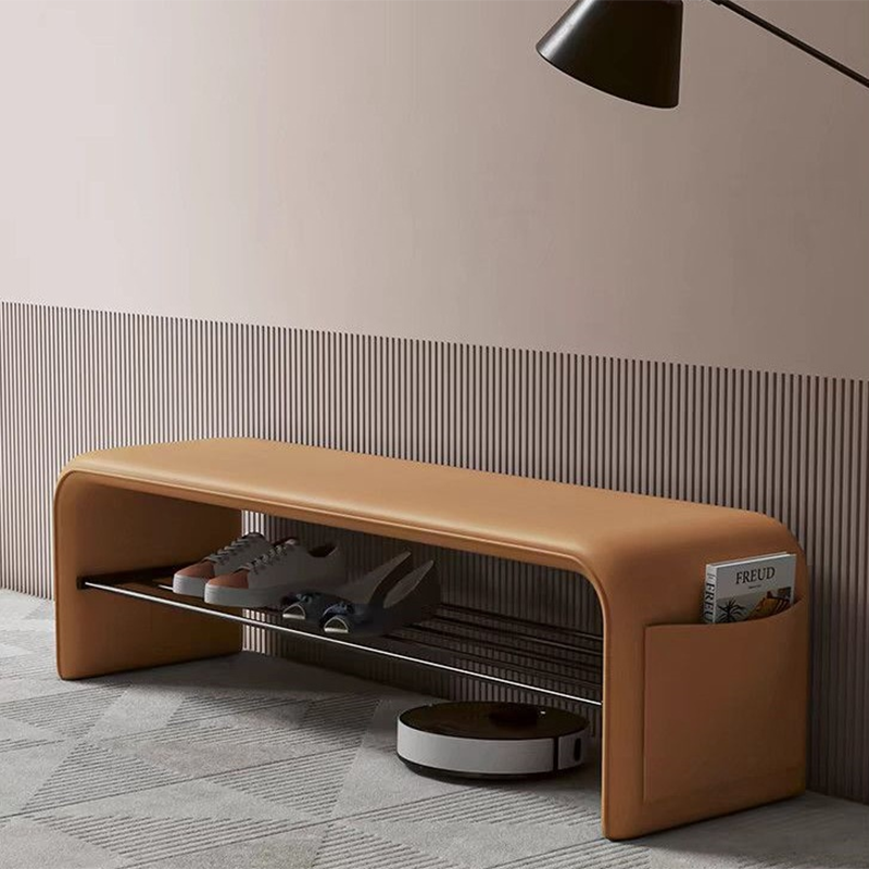 Modern Leather 2-Tier Rectangular Shoe Storage Bench — Milky Coffee Color