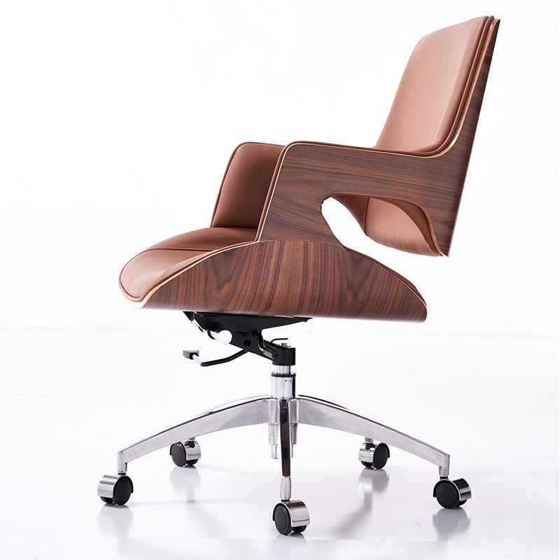 Nordic Leather Steel Adjustable Swivel Desk Chair — Microfiber Leather / Walnut + Black