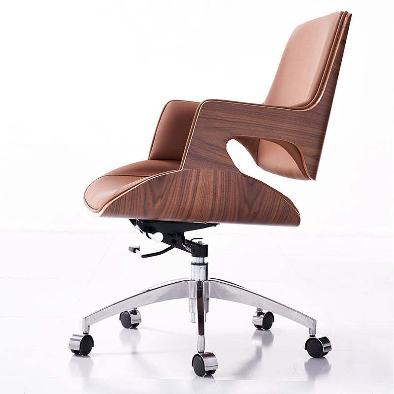 Nordic Leather Steel Adjustable Swivel Desk Chair — Microfiber Leather / Walnut + Black