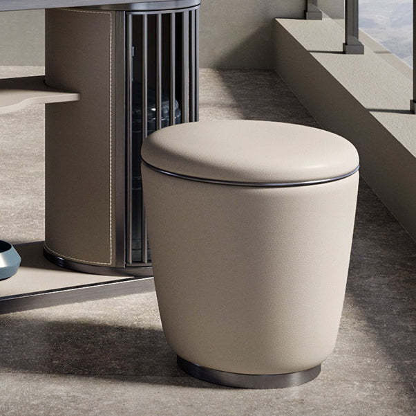 Modern Microfiber Leather Stainless Steel Round Vanity Stool — Black