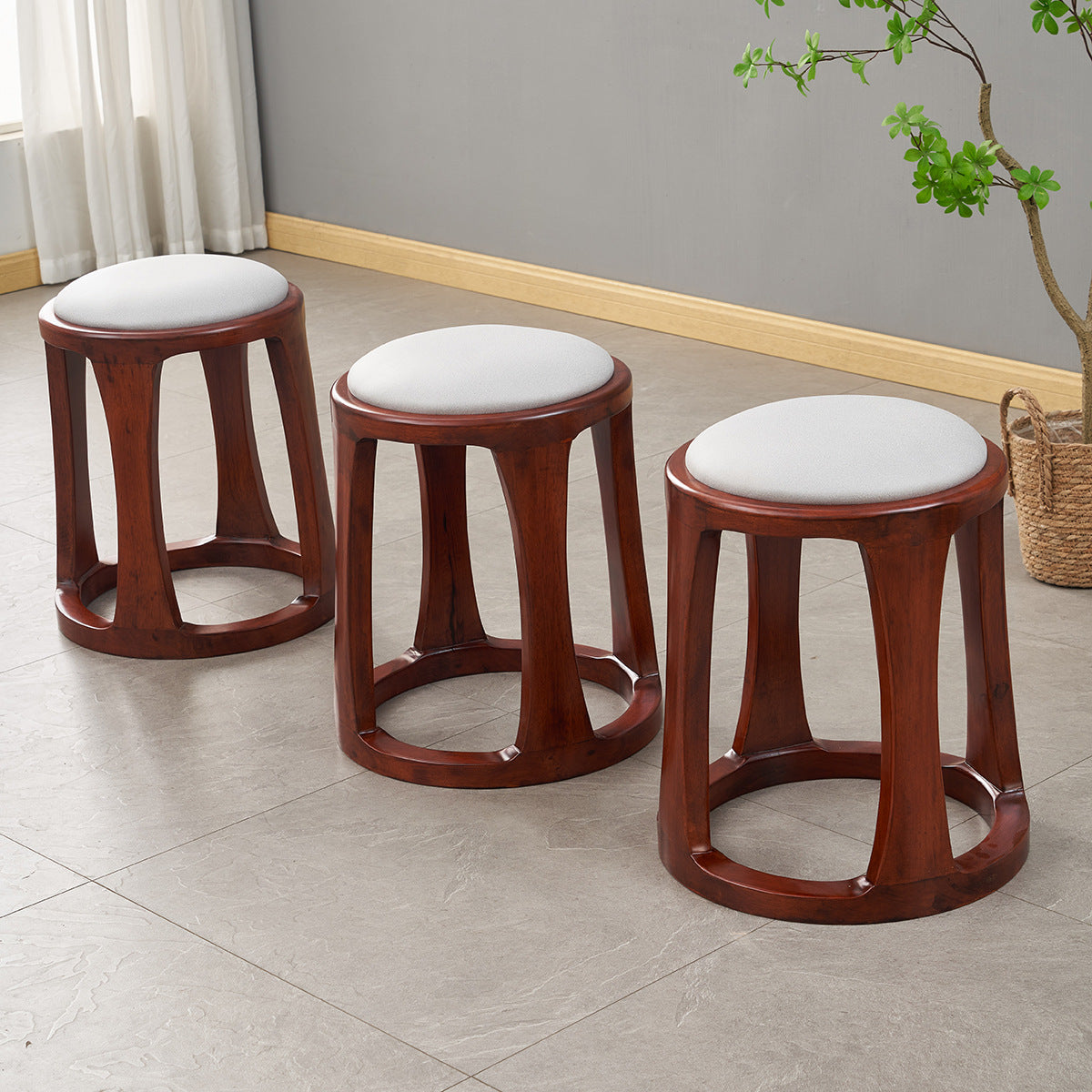 Chinese Tech Fabric Leather Wood Low Stool
