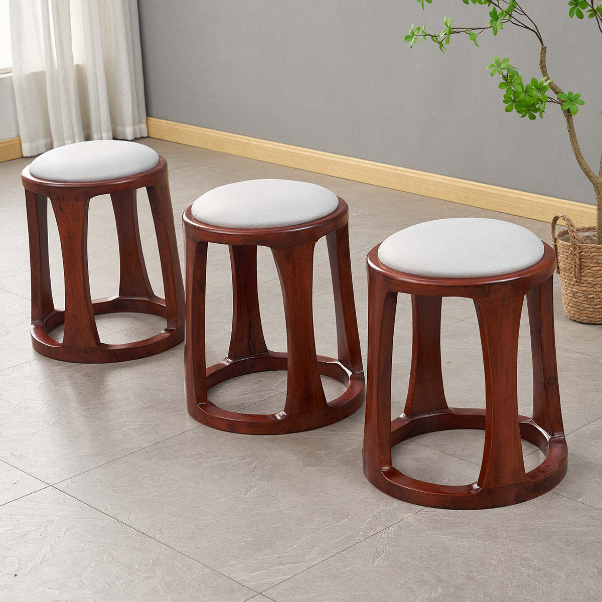 Chinese Tech Fabric Leather Wood Low Stool — Leather / Walnut