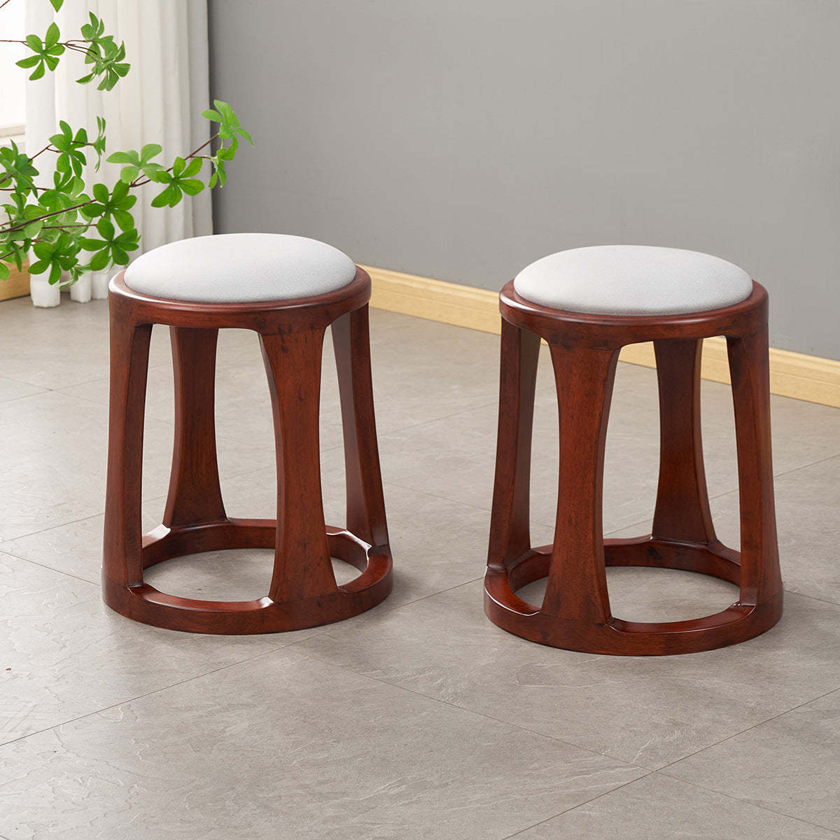 Chinese Tech Fabric Leather Wood Low Stool — Tech Fabric / Wood