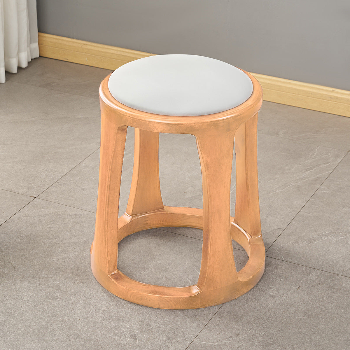 Chinese Tech Fabric Leather Wood Low Stool — Leather / Wood