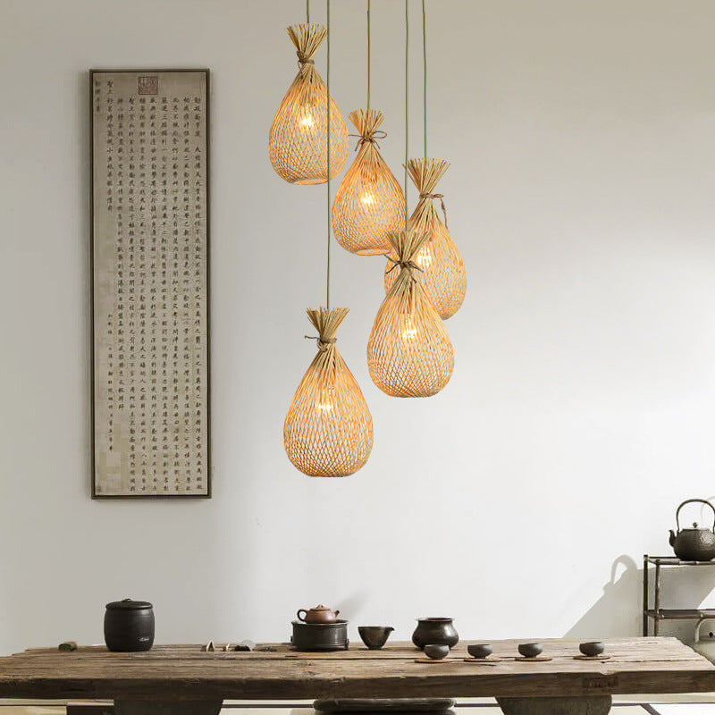 Japanese Bamboo Woven Lucky Bag Chandelier — Linear Base - 3 / 110V-120V For US/CA