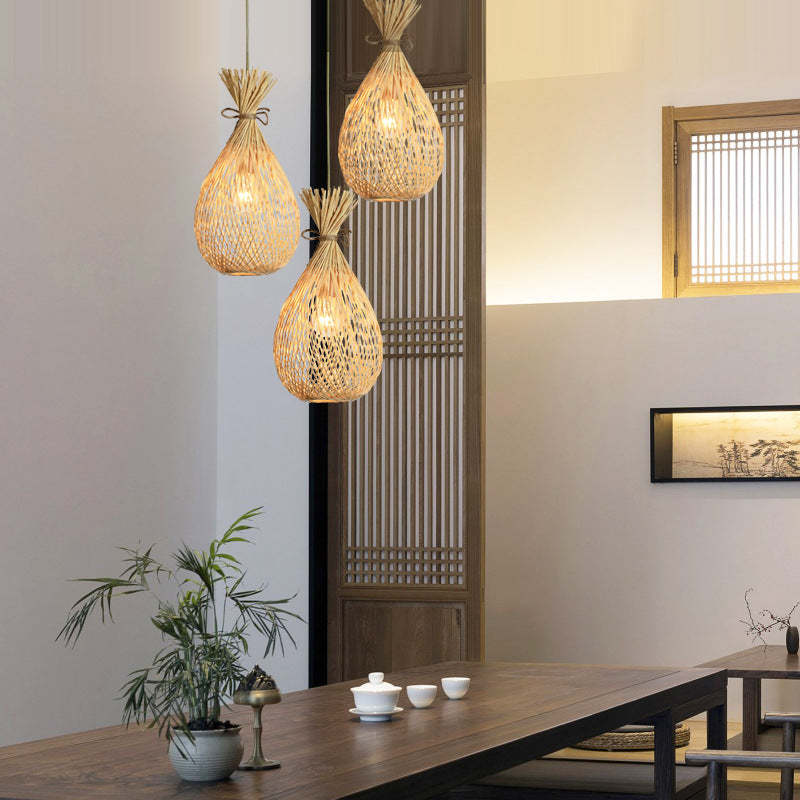 Japanese Bamboo Woven Lucky Bag Chandelier — Round Base - 1 / 110V-120V For US/CA