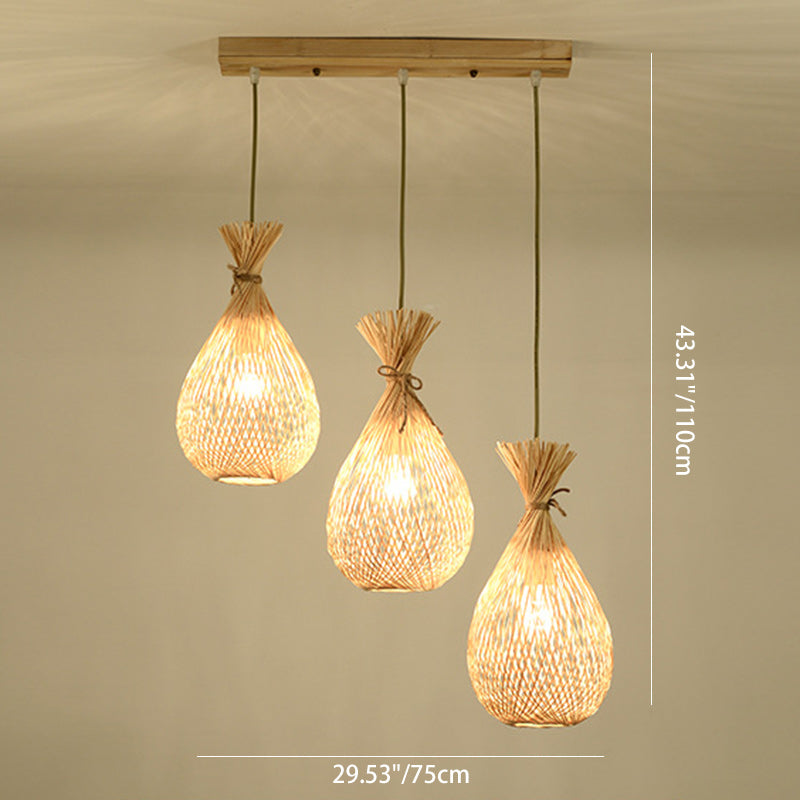 Japanese Bamboo Woven Lucky Bag Chandelier — Round Base - 3 / 110V-120V For US/CA