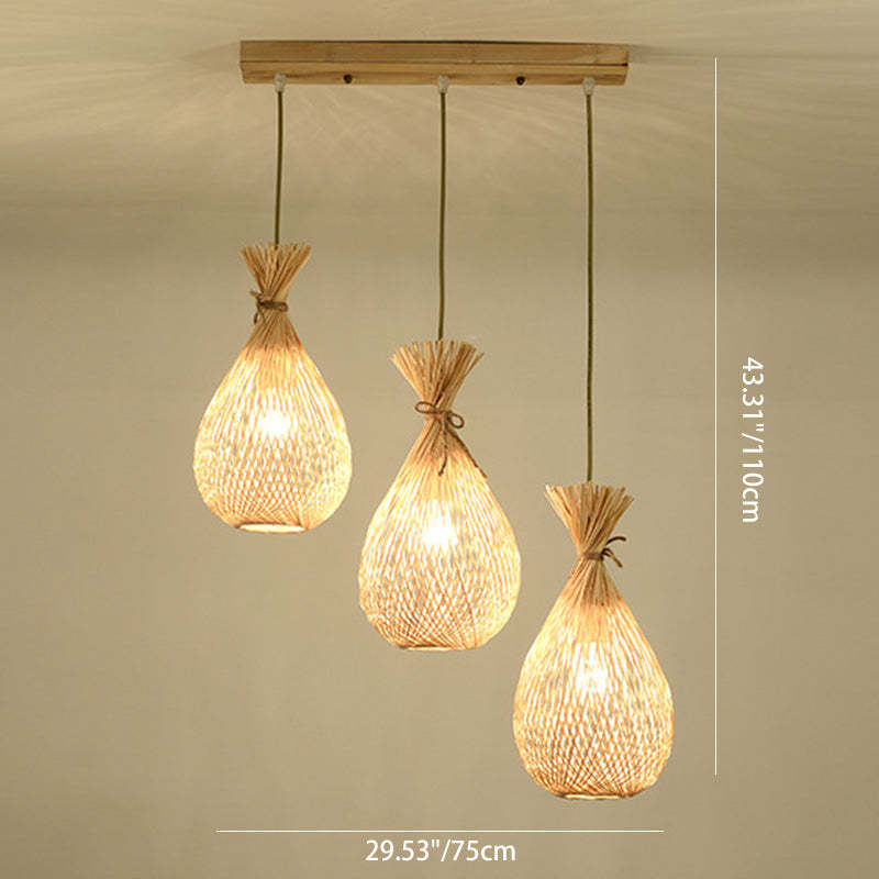 Japanese Bamboo Woven Lucky Bag Chandelier — Round Base - 3 / 110V-120V For US/CA