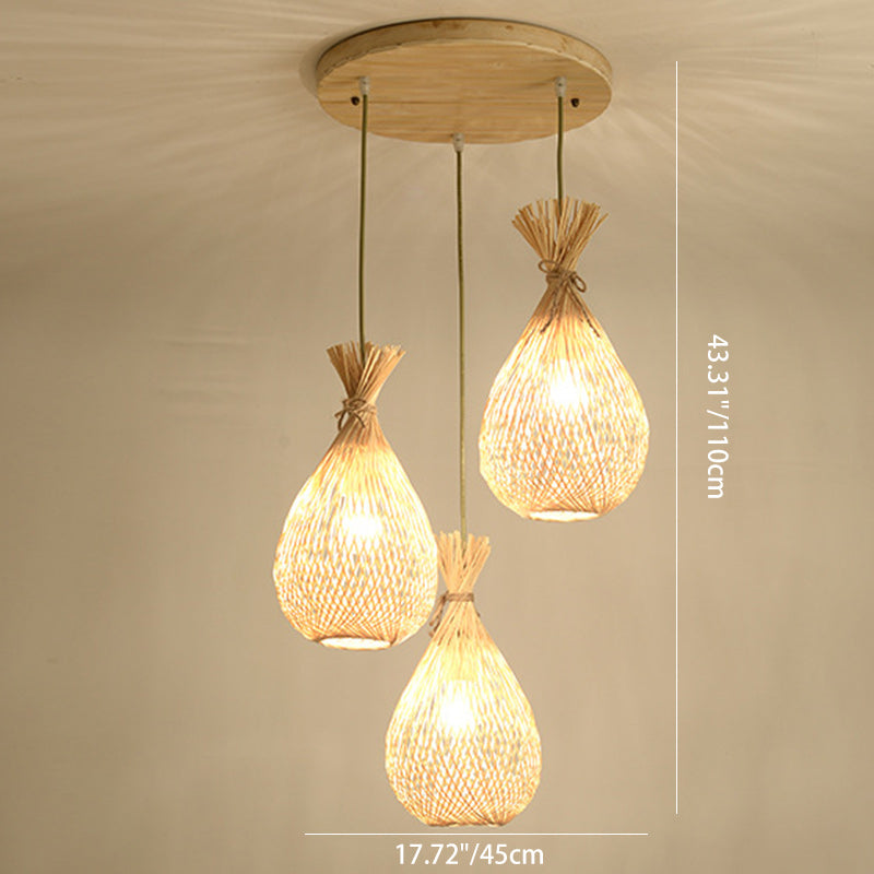 Japanese Bamboo Woven Lucky Bag Chandelier — Round Base - 3 / 220V-240V For UK/AU